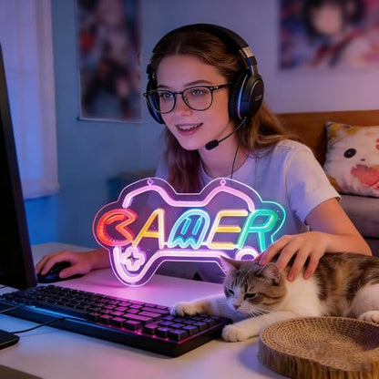 Gamer Neon Sign for girl room decor, 15 * 9 inch Pink Gaming led lights with USB Power and Dimmer Switch for game room decor,adult and Kids - style: pink-gamer