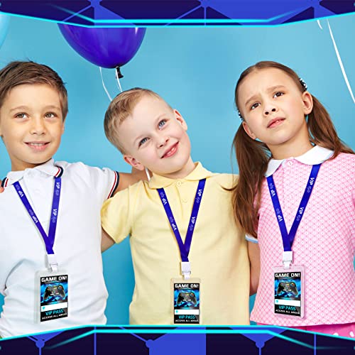 Leinuosen 16 Pieces Blue Video Game VIP Pass Holder Tickets Set Video Game Ticket Holder Gamer Party VIP Pass Lanyards for Birthday Party Supplies Favors