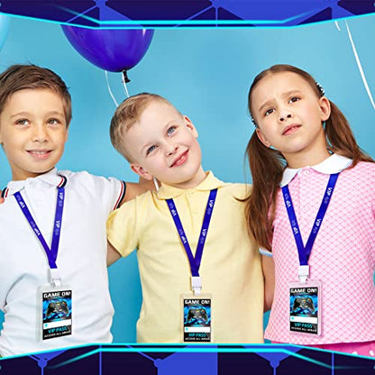 Leinuosen 16 Pieces Blue Video Game VIP Pass Holder Tickets Set Video Game Ticket Holder Gamer Party VIP Pass Lanyards for Birthday Party Supplies Favors