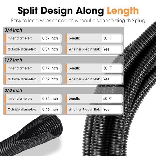 Wire Loom 3/8", 1/2", 3/4 Inch x 50 FT, Split Wire Loom Tubing Wire Conduit, Wire Protector Tubing, Cable Sleeves Bulk, Black - color: 3/8", 1/2", 3/4" - 50 ft