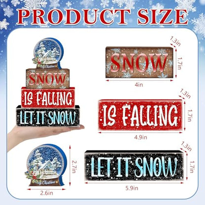 Britimes 4 Pcs Winter Table Decor Christmas Snow Globe Tiered Tray Decorations Set Snowflake Block Signs Gift Rustic Farmhouse Tabletop Decor for Table & Home Office - style: Snow Globe Christmas