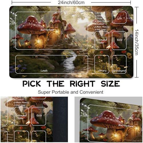 Playmat for MTG Enchanting Mushroom Houses Magic Play Mat 24x14 Inch Card Game Mat for Magic The Gathering TCG PTCG Playmat with Free Storage Bags Non-Slip Backing and Stitched Edge - color: Enchanting Mushroom Houses With Zones