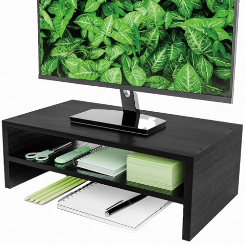 Simpple Trending Monitor Stand Riser, 2 Tier Wood Office Desk Storage Organizer for Laptop, Computer, Black - size: 16"W x 9"D x 5.5"H