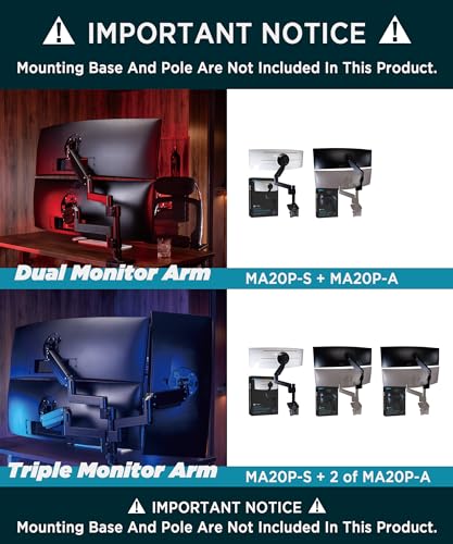 ULTRARM Heavy Duty Extension Arm Accessory for MA20P-S Do Not Use Alone | Max 3 Screens, Dual 49" Vertical Stacked Monitor Mount, Base & Pole Not Included, VESA 100x100, Black, MA20P-A - color: Black, size: Extension Monitor Arm