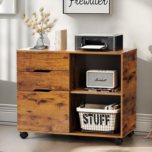 DUMOS File Cabinet with 3 Drawers, Wood Under Desk Storage Printer Stand | Rolling Lateral Filing Cabinet with Adjustable Shelves for Home Office Study Organization,Rustic - color: Vintage Brown