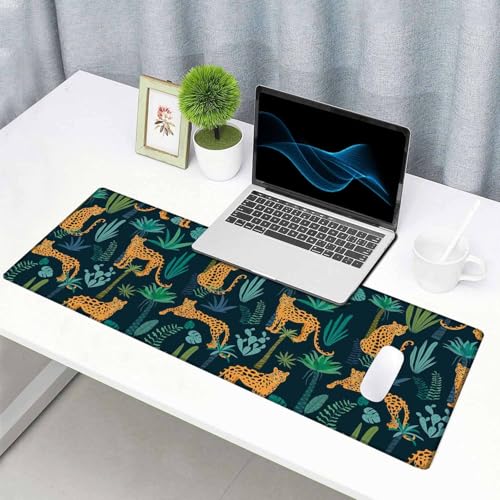 Gaming Mouse Pad XXL XL Large Mouse Pad Mat Long Extended Mousepad Desk Pad Non-Slip Rubber Mouse Pads Stitched Edges Thin Pad (31.5x11.8x0.12 Inch)-Leopard Pattern with Tropical Leaves - color: Leopard Pattern With Tropical Leaves, size: 31.5L x 11.8W in