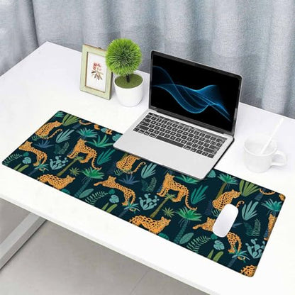 Gaming Mouse Pad XXL XL Large Mouse Pad Mat Long Extended Mousepad Desk Pad Non-Slip Rubber Mouse Pads Stitched Edges Thin Pad (31.5x11.8x0.12 Inch)-Leopard Pattern with Tropical Leaves - color: Leopard Pattern With Tropical Leaves, size: 31.5L x 11.8W in