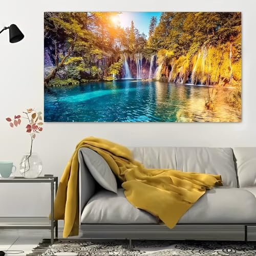 Waterfalls Cascading Into Lake Rustic Canvas Wall Art - 12x24in Unframed Poster- Home & Office Decor for Living Room, Bedroom, Kitchen & Cafe - color: Waterfalls