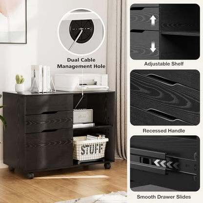 DUMOS Wood File Cabinet with 3 Drawers, Rolling Printer Stand | Under Desk Storage Organizer Home Office Space with Shelves for Files and Office Supplies, Rust - color: Classic Black