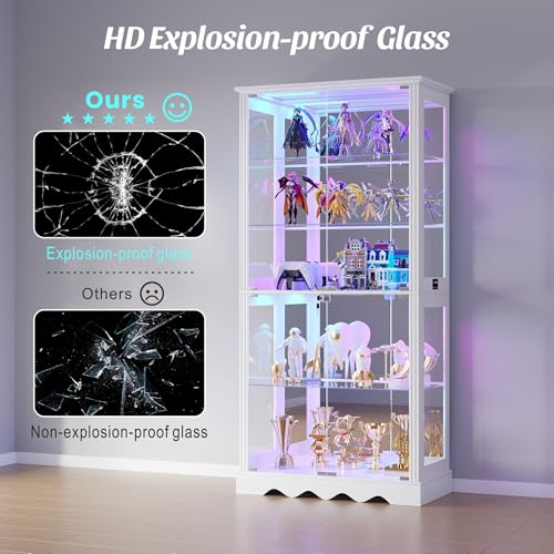 Dystler Display Cabinet with RGB LED Lights & Glass Doors, 5-Tier, White | Human Sensor Lighting, Flexible Storage with Adjustable Shelves, Modern Design Curio Cabinet - color: Pure White
