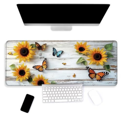 Large Mouse Pad, Big Gaming Mousepad, Desk Mat for Desktop, Thick Non-Slip Waterproof Rubber Base, Mouse Pads for Office, Computer, Keyboard, Laptop 35.4x15.7 in, Sunflower Butterfly - color: Sunflower Butterfly, size: 35.4" x 15.7"
