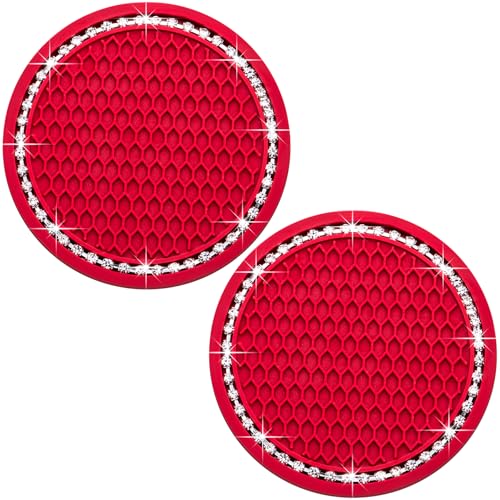 2PCS Bling Cup Holder Coaster, 2.75 Inch Auto Car Cup Holder Insert Coasters, Soft Silicone Anti-Slip Shockproof, Universal Vehicle Interior Accessories for Women Girls (Red & White) - color: Red & White, size: 2 pcs