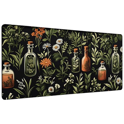 Wildflower Leaves and Bottles Gaming Mouse Pad 35.4 x 15.7 Inches with Non-Slip Rubber Base, Smooth Cloth Surface Desk Keyboard Mat for Computer, PC, Laptop, Desktop - color: Wildflower Leaves and Bottles