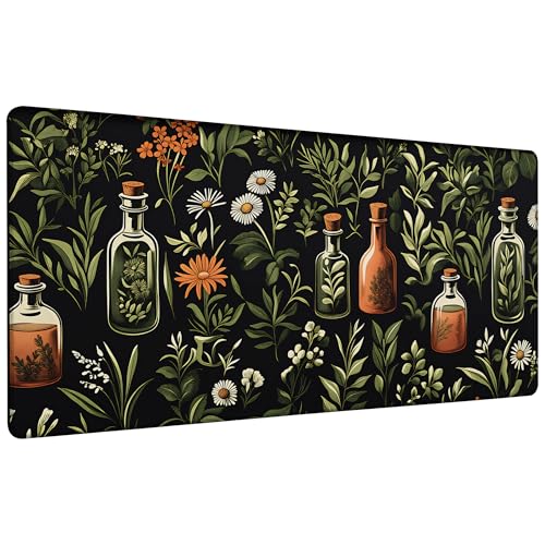 Wildflower Leaves and Bottles Gaming Mouse Pad 35.4 x 15.7 Inches with Non-Slip Rubber Base, Smooth Cloth Surface Desk Keyboard Mat for Computer, PC, Laptop, Desktop - color: Wildflower Leaves and Bottles