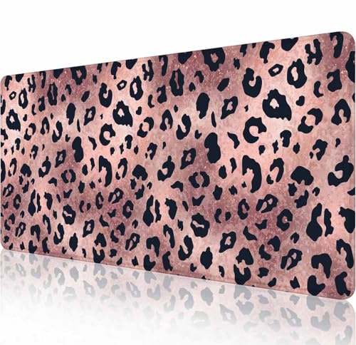 Gaming Large Mouse Pad with Stitched Edges, Desk Mat, Extended Keyboard Pad, Non-Slip Rubber Base Desk Pad for Keyboard and Mouse, 31.5X11.8 inch, Rose Gold Leopard Patter - color: Rose Gold Leopard Patter, size: 31.5L x 11.8W inches