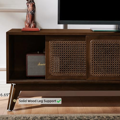 LKTART Boho Mid Century TV Stand,59" Rattan Entertainment Center,Media Console with Solid Wood Legs,Adjustable Feet & Divided Storage,TV Cabinet for 65 Inch TV,Dark Walnut - color: 59" Dark Walnut