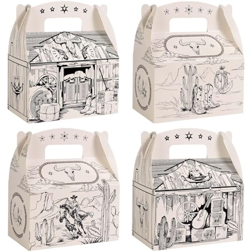 WERNNSAI 12 Pcs Cowboy Favor Boxes Gable Box for Western Party Decorations | Diverse Western Elements, Sturdy and Easy to Assemble, Double-sided Design Styles, Clear Printing for Birthday Holiday - color: Cowboy