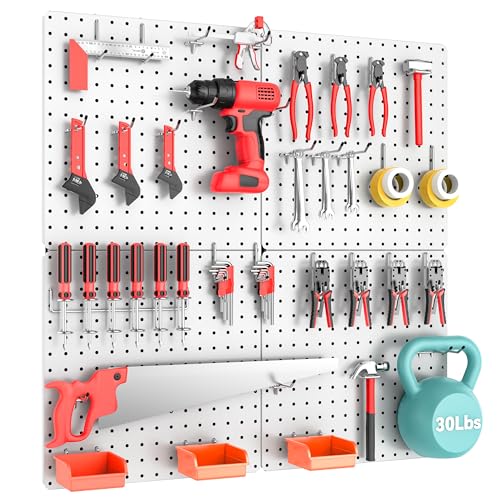 Peg Board, Total 32” x 32”, 68PCS Heavy Duty Metal Pegboard with Hooks, 4 Pack White Peg Board Panels, 50lbs Load Capacity Each, Pegboard Wall Organizer for Garage, Workshop, Craft Rooms - color: White, size: 16“×16”-4PCS（with Hooks）