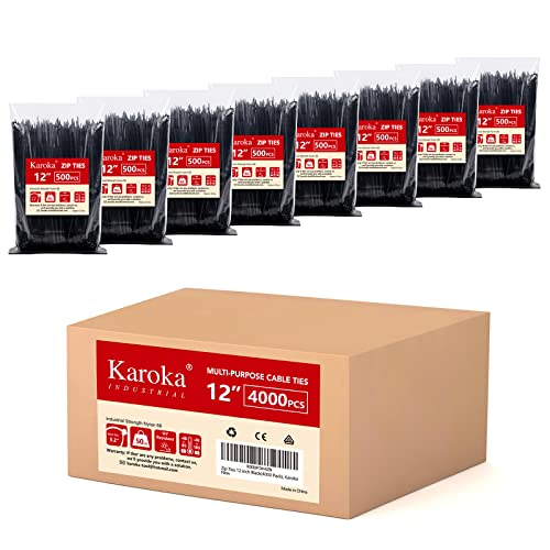 Zip Ties 12 inch (4000 Pack), Black, 50lbs Tensile Strength, UV Resistant Cable Ties for indoor and outdoor by Karoka - size: 12" (4000 Pack)