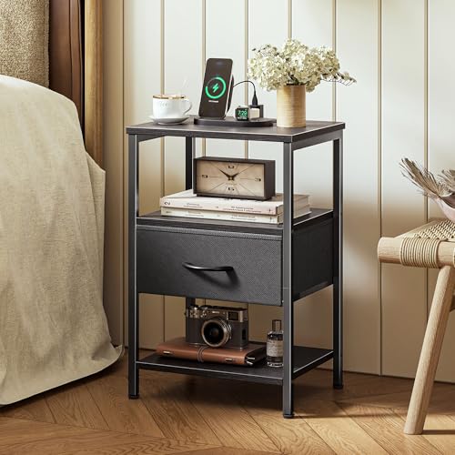SUPERJARE Nightstand with Charging Station, Bed Side Table with Adjustable Fabric Drawer, Night Stand for Bedroom, 3-Tier Storage End Table, for Living Room, Black - color: Black, size: M (11.8"D x 15.7"W x 23.4"H)