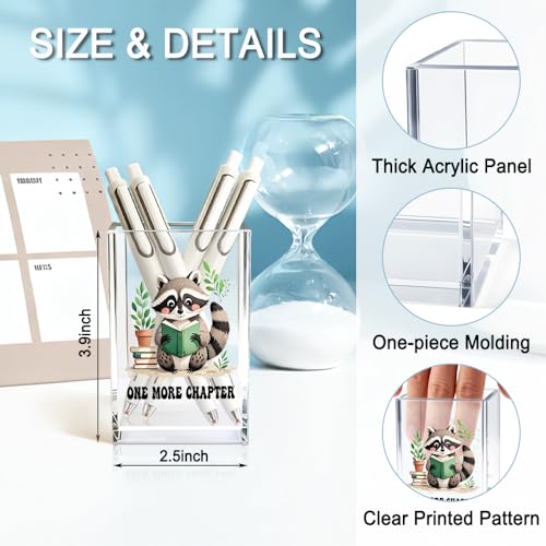 One More Chapter Acrylic Pencil Holder Cup, Book Lover Gifts for Women, Funny Reading Raccoon Desk Organizer and Accessories for Raccoon Lover Bookish Bookworms Readers, Pen & Bookmark Holder - color: brown