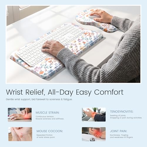 Ospelelf Keyboard Wrist Rest and Mouse Pad Set, Ergonomic Memory Foam Wrist Support, Aesthetic Desk Accessories for Office, Home & Gaming, Relief for Carpal Tunnel & Wrist Pain,Floral Cat - color: Floral Cat