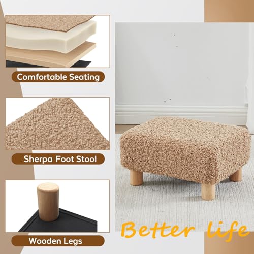 Small Foot Stool Ottoman, Sherpa Footstool Ottoman Foot Rest for Couch, Rectangle Footstools and Ottomans Small for Living Room, Entryway and Bedroom (Light Brown) - color: Light Brown