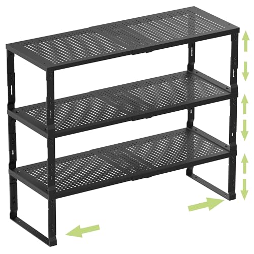 Heavy-Duty Adjustable Metal Shelf Organizer - Expandable & Stackable Pantry Storage Rack for Kitchen, Bathroom, RV, Cabinets(3 Packs/Black, Large) - color: 3 Packs/Black, size: L:10.2"D x 16.5"W x 8.2"H