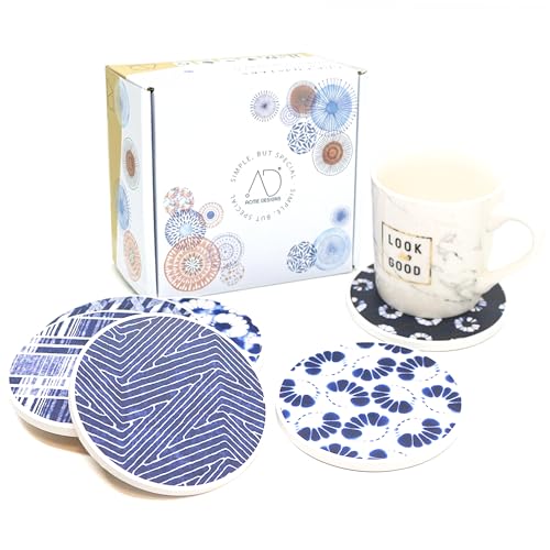 AD Set of 6 Coasters for Drinks Absorbing Round Ceramic Stone Coaster with Cork Base,Tabletop Protection Mat for Mugs and Cups,Office,Kitchen (Shibori) - style: Shibori