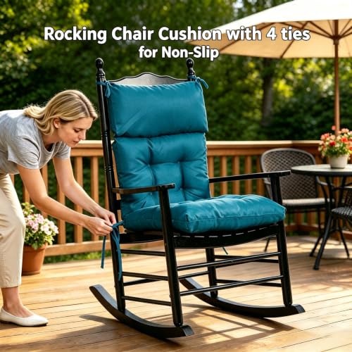 QILLOWAY Outdoor Rocking Chair Cushions Set of 2, 100% Polyester Waterproof Patio Rocking Chair Cushion, High Back Weatherproof Chair Pad for Adirondack & Outdoor Furniture, Peacock Blue - color: Peacock Blue