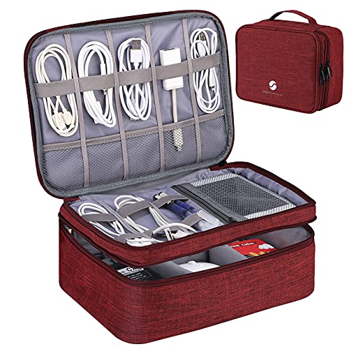 ORIENT FAMULAY Travel Electronics Organizer, Waterproof Cable Organizer Bag for Electronic Accessories Double Layer Large Shockproof Cable Storage Bag for Cord, Power Bank, Tablet(Up to iPad 11 inch) - Wine Red - color: Wine Red