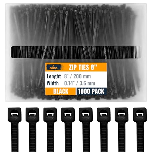 ALBO Zip Ties Black 8 Inch 1000 Pack 40 lb, Long Plastic Cable Ties Thick 0.14 Inch Tie Wraps Heavy Duty UV Resistant Nylon Wire Ties for Indoor and Outdoor - size: 8" Black 1000 Pack 40lb