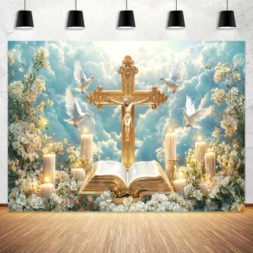 First Holy Communion Baptism Backdrop God Bless Banner 7X5FT White Floral Flowers Pigeons and Blue Sky Shower Party Decor Background for Newborn Baby Shower Party Supplies - color: White-1, size: 7X5FT
