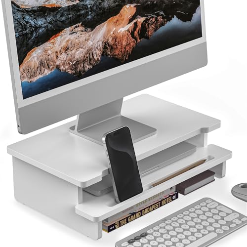 Computer Monitor Stand Riser, 16.5 Inch Wood Desk Shelf Storage Organizer with Phone Tablet Holder, White - color: White, size: 16.5 inch