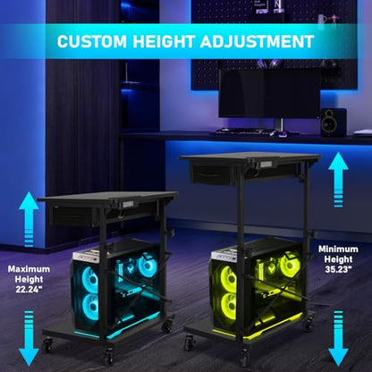 PC Tower Stand, Computer Tower Stand Under Desk，PC Stand for Floor with Drawer & 2 Lockable Castors，2 Tier Computer Cart for ATX Case，Office，Game Rooms，Study Room