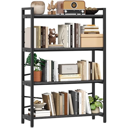 4 Tier Bookshelf 31.49" Width, Tall Book Shelf Storage and Organization, Wooden and Metal Industrial Bookcase, Large Book Shelves for Home Living Room Bedroom Office Storage(Black) - color: Black, size: 4 Tier - 31.5" W