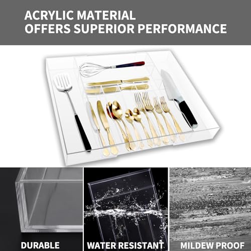 Clear Acrylic Drawer Organizer for Kitchen Utensils and Flatware, Adjustable Silverware Tray with 9 Compartments for Drawers, Office, and Bathroom Storage