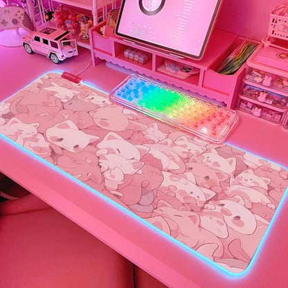 JMIYAV Pink RGB Gaming Mouse Pad 31.5x12 Inch PC XL Large Extended Glowing Led Light Up Desk Pad Non-Slip Rubber Base Computer Cute Mousepad Mat Desk Accessories Gaming Setup Dreamy Cats - color: Dreamy Cats