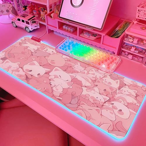 JMIYAV Pink RGB Gaming Mouse Pad 31.5x12 Inch PC XL Large Extended Glowing Led Light Up Desk Pad Non-Slip Rubber Base Computer Cute Mousepad Mat Desk Accessories Gaming Setup Dreamy Cats - color: Dreamy Cats