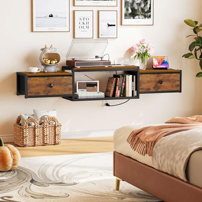 Snughome Floating TV Stand with Power Outlet 55", Wall Mounted Entertainment Center with LED Lights, Floating TV Shelf with Drawer, Wall Mounted Media Console Shelf for Living Room, Bedroom - color: Rustic Brown, size: 55.12" x 11.02" x 6.5"