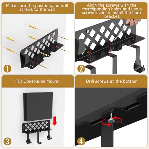 Wall Mount Compatible for PS4 Slim,Near or Behind TV, Space Saving,Metal PS4 Slim Wall Mount Bracket with Detachable 2 Controller Holder and Headphone Hanger