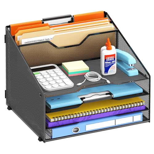 Desk File Organizer, 4 Letter Trays and 2 Upright Sections, Black | Paper organizer for desk with tiered letter trays and upright file sections for home office, school and workspace use - color: Black
