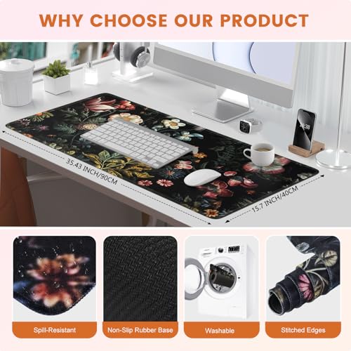HAOCOO Vintage Aesthetic Floral Plant Desk Mat, Desk Matt for Desktop, Large Mouse Pad Drom Decor, Keyboard Mats for Desk, Computer Desk Cover Mat for Office, Home and School Accessories - color: Floral Flower