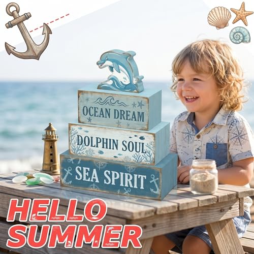 4 Pcs Dolphin Ocean Bathroom Table Decor Summer Dolphin Tiered Tray Decor Blue Nautical Wooden Signs Tabletop Summer Beach Bedroom Home Kitchen Office Decorations Shelf Sitter - style: Dolphin