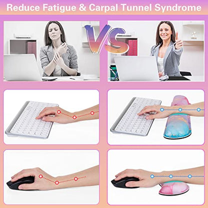 Canjoy Gaming Mouse Pad Set, 4-in-1 XXL Large Mouse Pad + Keyboard Wrist Rest Support+ Coaster, (35.4×15.7 in) Extended Desk Pad Memory Foam Non-Slip Desk Mat for Home Office - color: Pink Blue Marble