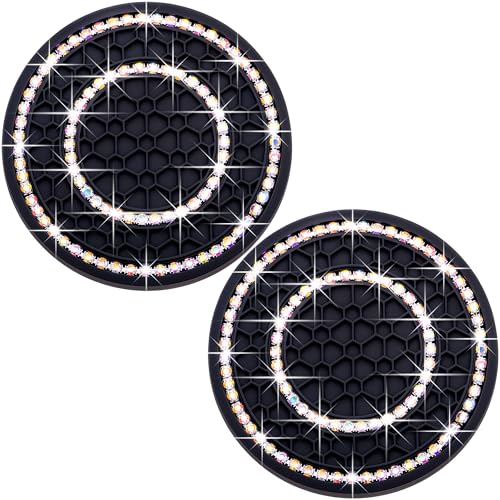 2PCS Bling Crystal Rhinestone Cup Holder Coaster, 2.75 inch Soft Silicone Anti-Slip Shockproof, Car Cup Holder Insert Coasters, Universal Car Interior Accessories for Women (Black & Colorful) - color: Black & Colorful, size: 2 pcs