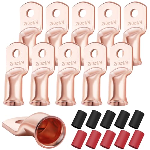 XHF 10PCS 2/0 AWG-1/4 Heavy Duty Battery Lugs with 3:1 Heat Shrink Tubing, Ring Terminals Battery Cable Ends Copper Eyelets Electrical Battery Connectors - size: 2/0AWG-1/4"-10PCS
