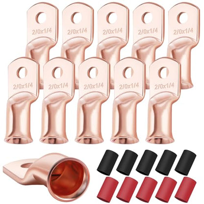 XHF 10PCS 2/0 AWG-1/4 Heavy Duty Battery Lugs with 3:1 Heat Shrink Tubing, Ring Terminals Battery Cable Ends Copper Eyelets Electrical Battery Connectors - size: 2/0AWG-1/4"-10PCS