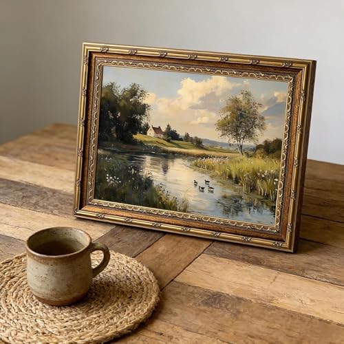 Electrilucn Vintage Gold Framed Rustic River Landscape Canvas Wall Art Retro Rural Scenery Wall Decor Ducks Cottage Art Country Farmhouse Painting Picture for Living Room Bedroom Home Decor 9x11in - color: River Ducks, size: 11"L x 9"W