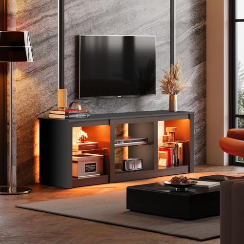 WLIVE Modern LED TV Stand for 65 70 Inch TV, 58" Entertainment Center with Adjustable Glass Shelves & RGB Lights, Wood Media Console Table for Living Room, Bedroom, Gaming Room, Black - color: Black, size: 58 Inch without Fireplace
